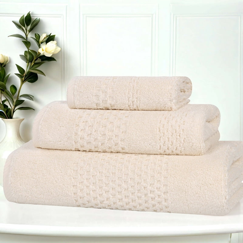 Ivory 3 Piece Cotton Waffle Towel Set - Superior Playa Zero Twist