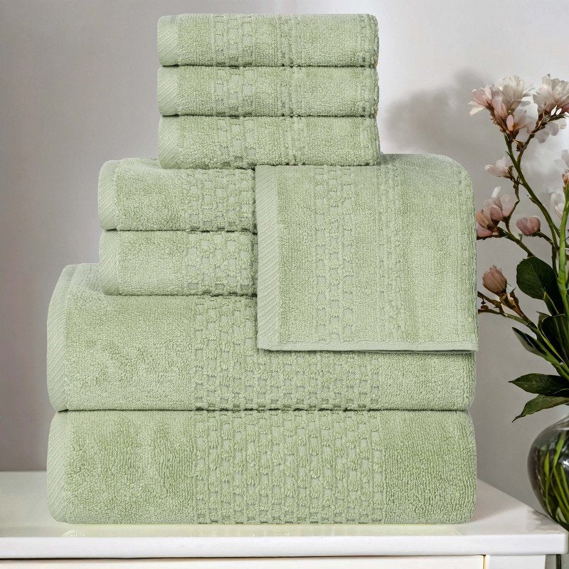 Green Cotton Waffle Textured Towel Set - 8 Piece Bathroom Towels - Superior Playa Zero Twist