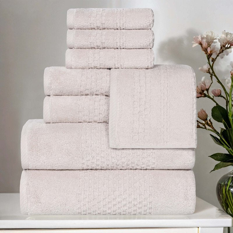 Silver 8-Piece Cotton Towel Set - Waffle Textured Bathroom Towels - Superior Playa Zero Twist