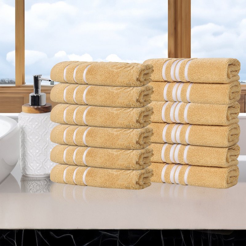 Gold Cotton Face Towel Washcloth Set of 12 - Zero Twist Plush & Ultra-Absorbent