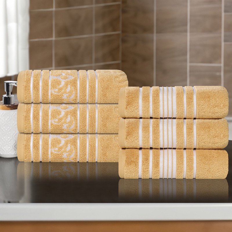 Zero Twist Cotton Hand Towel Set of 6 - Gold Floral Jacquard & Solid - Superior Sadie