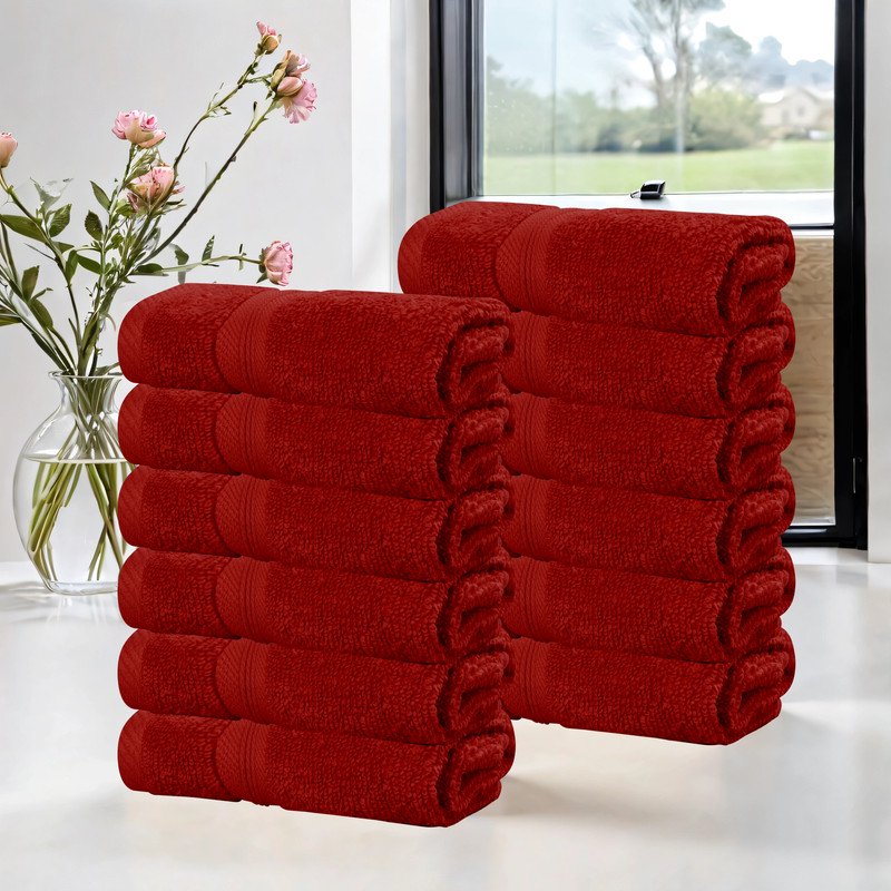 Crimson Superior Smart Dry 12-Piece Cotton Face Towel Set - Quick Dry & Fade Resistant