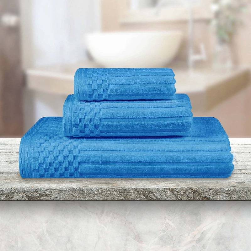 Assorted Cotton Towel Set - 3-Piece Ribbed Bath, Hand & Face Towels - Azure