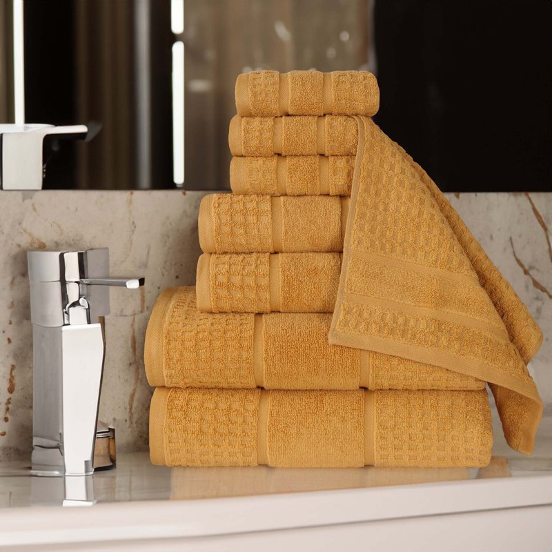 Yellow Gold Cotton Towel Set - 8 Piece Ultra Soft Quick Dry Towels with Waffle Border