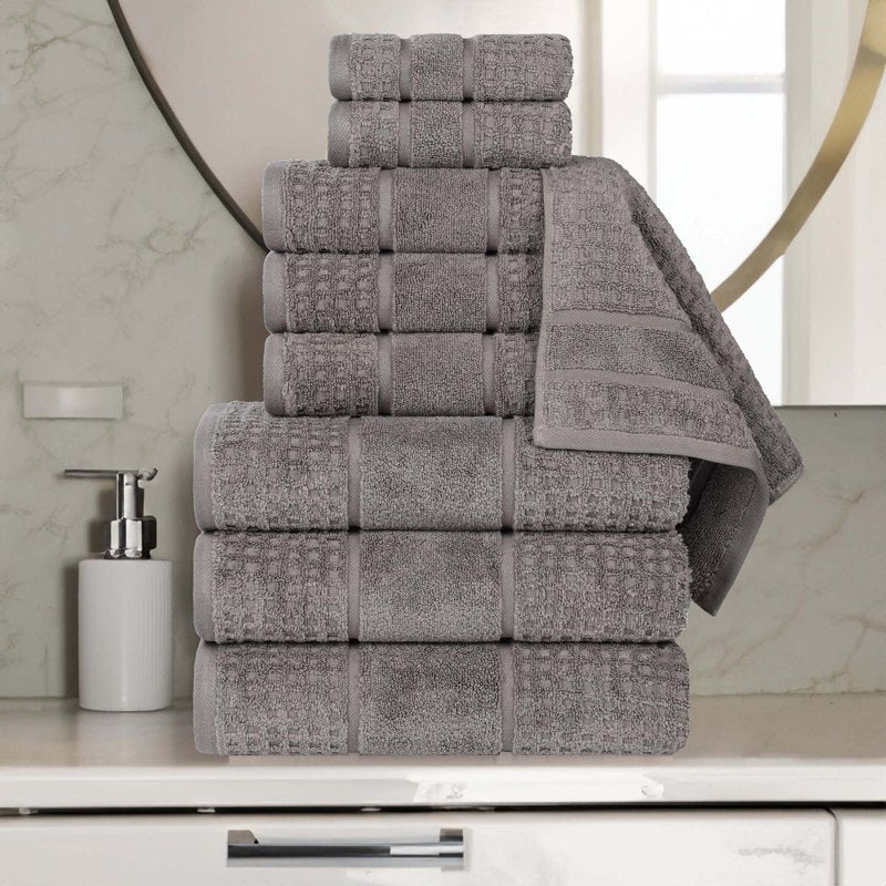 Charcoal 9-Piece Cotton Towel Set with Waffle Border - Ultra Soft & Quick Dry