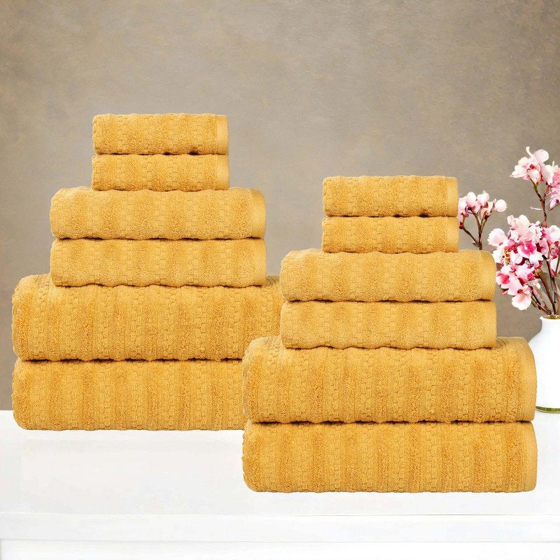 Gold 12-Piece Cotton Towel Set - Superior Zuma Waffle Textured Absorbent Towels