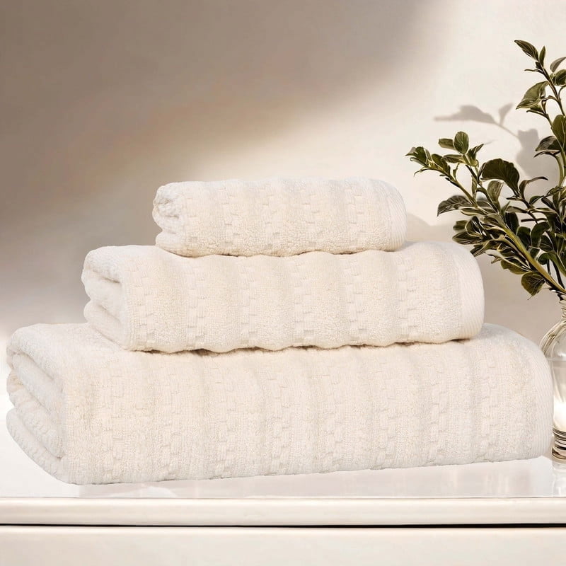 Ivory 3 Piece Waffle Textured Cotton Towel Set - Superior Zuma Zero Twist Bath Towels