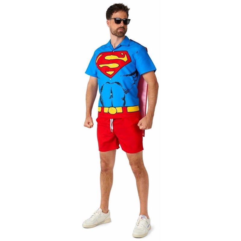 Men's Superman Costume Set with Cape - Red, Size L, Includes Shirt & Shorts