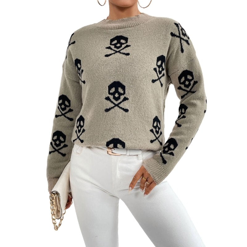 Women’s Fall Skeleton Pullover Sweater Beige M Casual Crewneck Knit Top