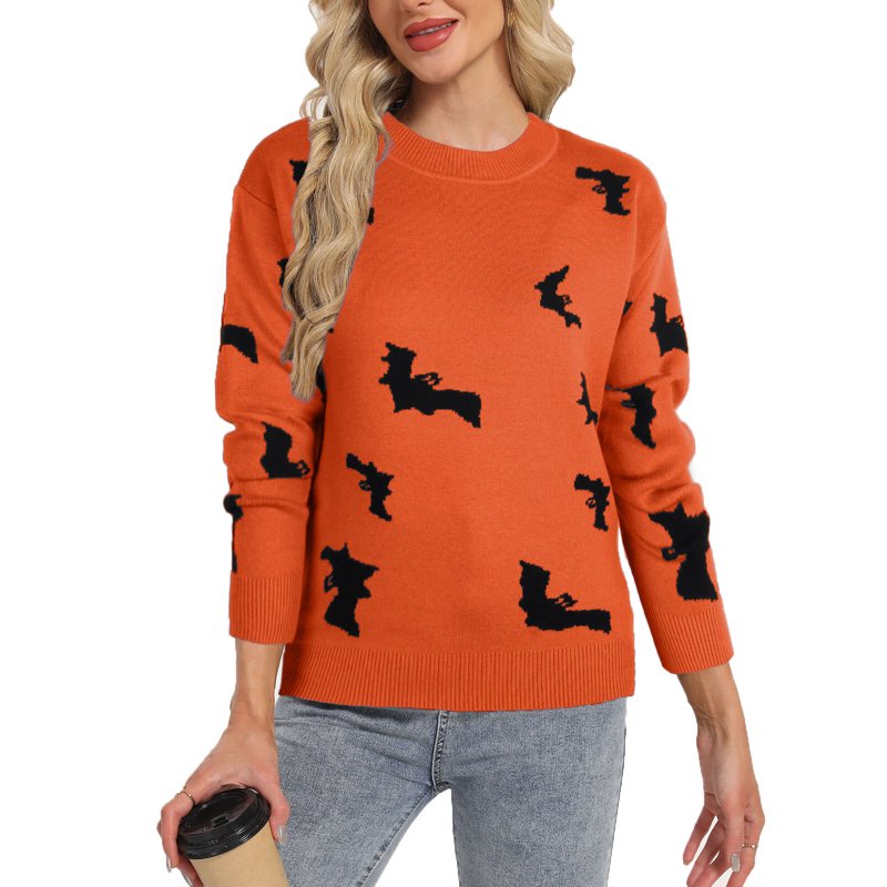 Halloween Bat Print Sweater for Women - Casual Knitted Pullover XL Orange Variation