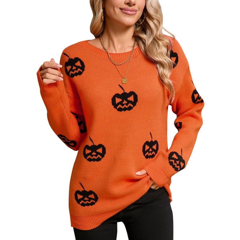 Halloween Pumpkin Ghost Print Women Sweater - Loose Knit Crewneck Pullover, Orange, S