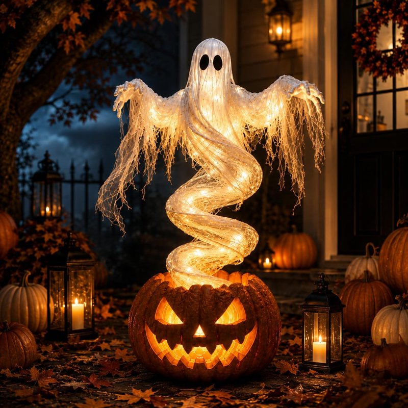 Swirling Ghost Pumpkin Yard Lamp - Outdoor Rotating Porch Decoration - Variation 1