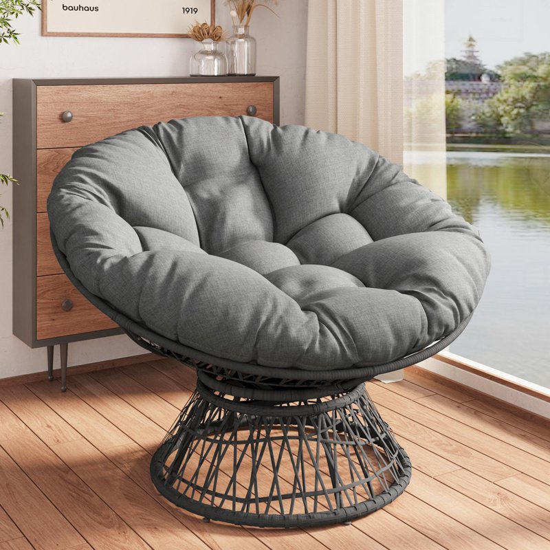 40-Inch Swivel Papasan Chair - Ergonomic Wicker Chair with Waterproof Cushion, Gray