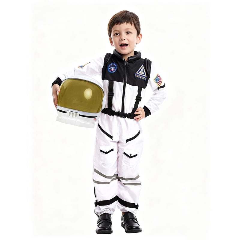 Kids Astronaut Costume with Helmet - White, Medium (8-10 Years) for Halloween & Play