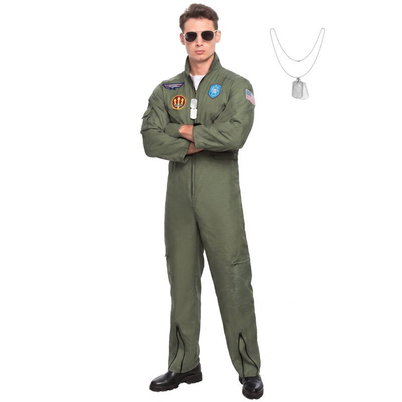 Adult Flight Pilot Costume M - Green Jumpsuit Military Aviator Uniform for Men Halloween