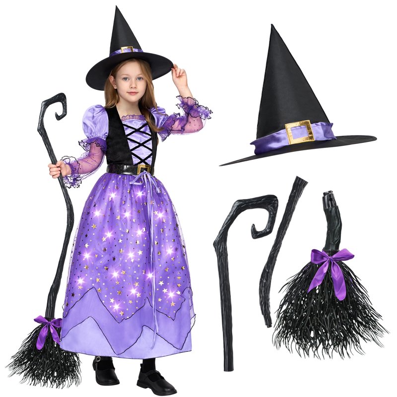 Purple Light-Up Witch Costume Set for Girls 10-12 Years Starry Dress with Broom & Hat