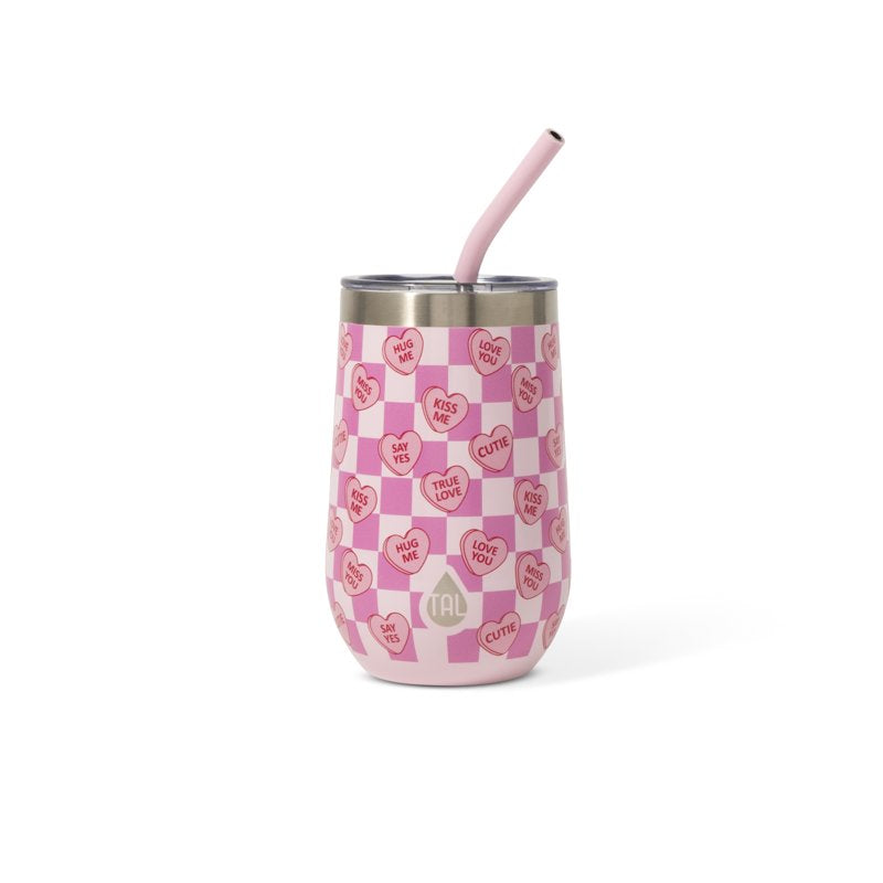 16oz Stainless Steel Wine Tumbler with Straw - Candy Hearts