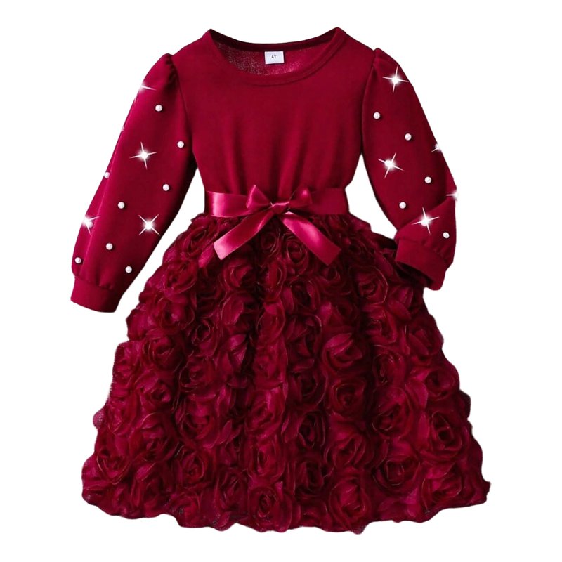 Girls Long Sleeve Party Dress with 3D Floral Pearls - Red, 3-4 Years