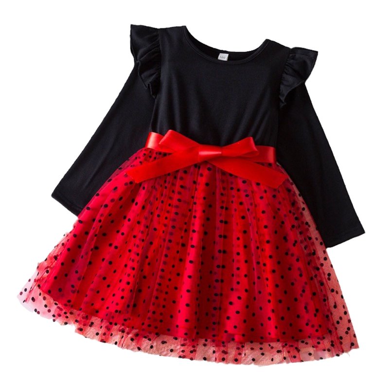 Girls Dress for 4-5 Years - Red Long Sleeve Floral Bowknot Outfit