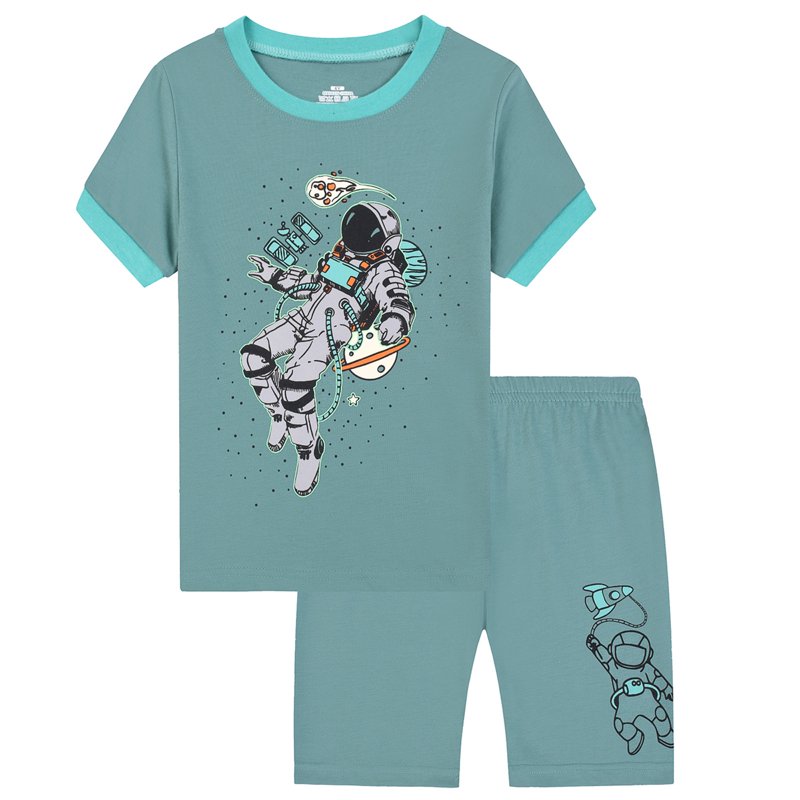 Kids Pajama Set with Cartoon Printed Loose Fit Outfit - Green, Size 8-9 Years