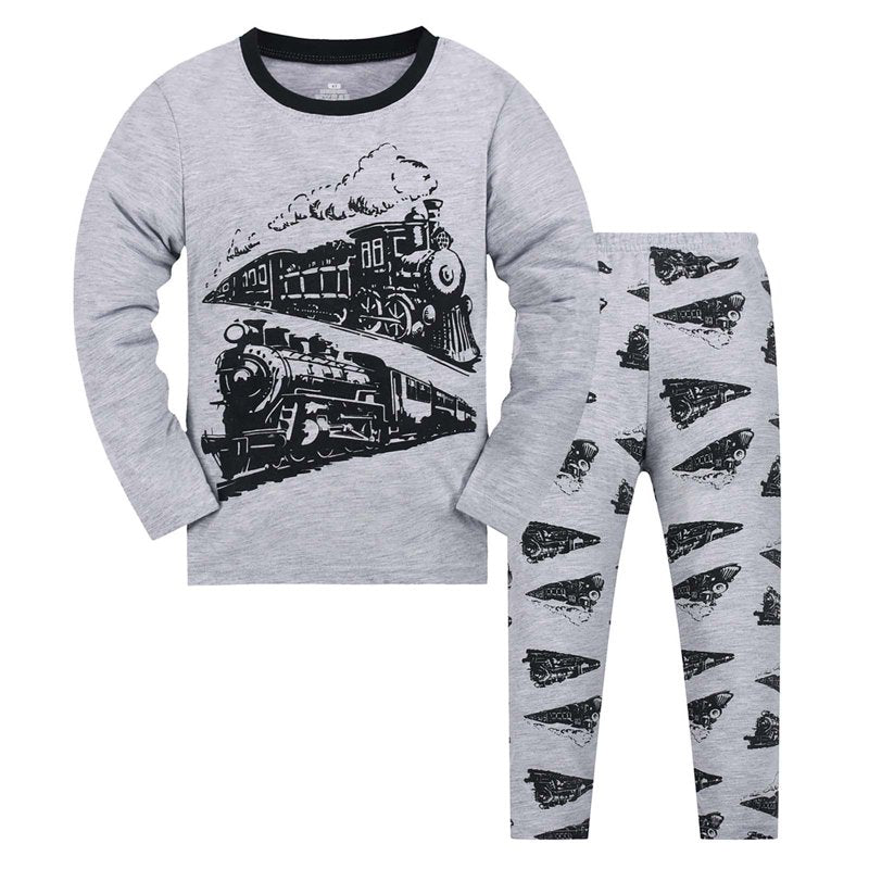 Toddler Boy Pajamas Set - Cartoon Print Long Sleeve Top & Trousers, Size 9-10 Years, Grey - Variation X5-Grey