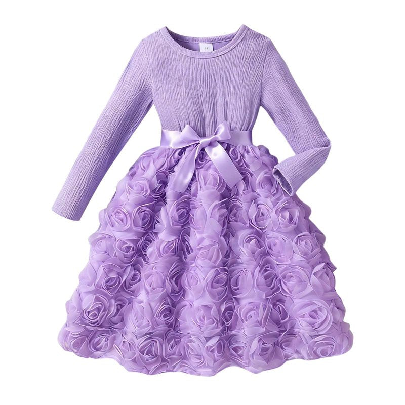 Purple Toddler Girls Dress with 3D Rose Design Long Sleeve for Birthday & Holiday - Size 2-3 Years Z13-13Purple