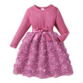 Pink Toddler Girl Dress with 3D Rose Tulle Long Sleeve Birthday Party Holiday
