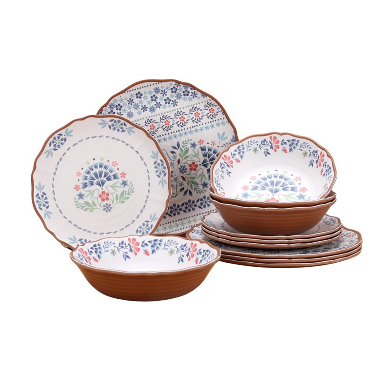 12-Piece Bamboo Melamine Dinnerware Set - Multicolor Floral
