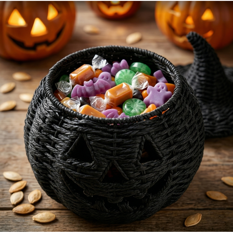 Halloween Pumpkin Jack-O'-Lantern Basket with Detachable Witch Hat Lid - 11 Inch