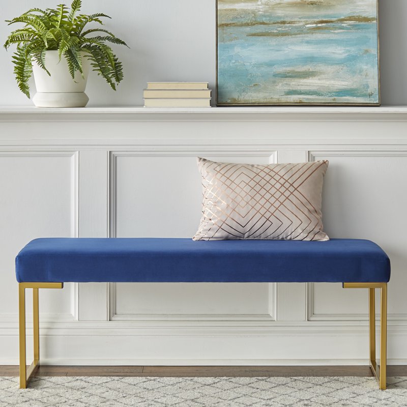 Modern 48” Wide Dining Bench - Blue Velvet, Metal Frame