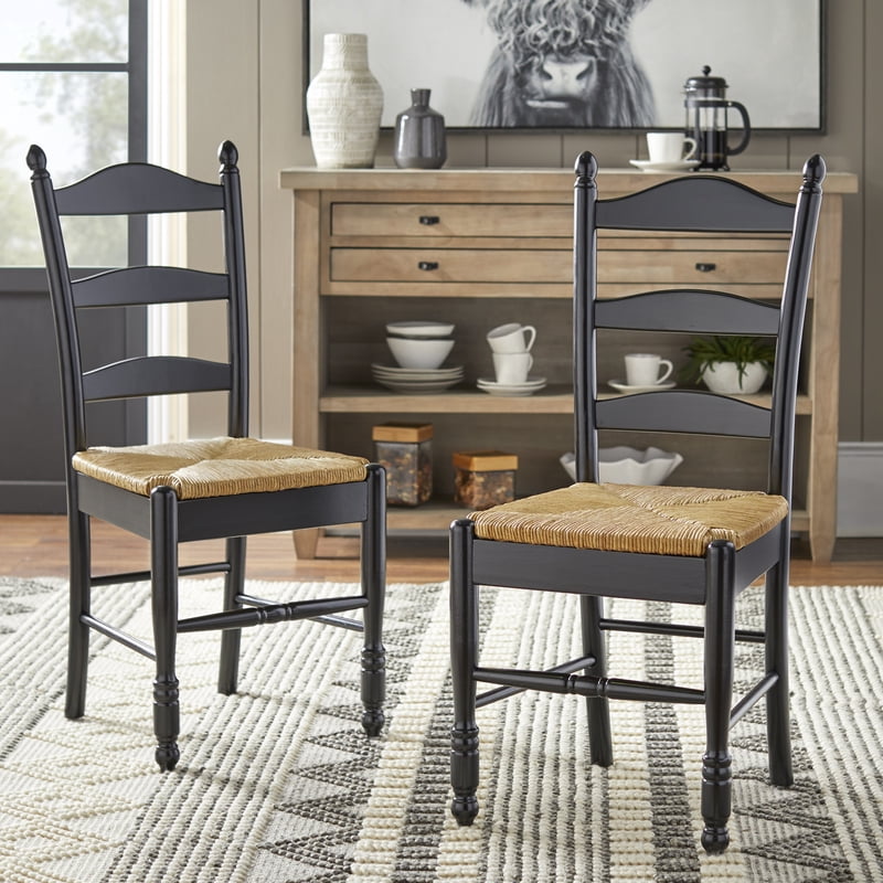 Ladder Back Dining Chair Set of 2 with Rush Seat - Black