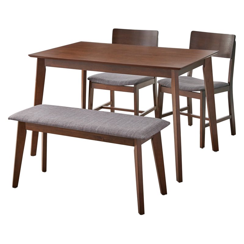 Mid Century 4-Piece Dining Set with Bench - Gray Upholstery