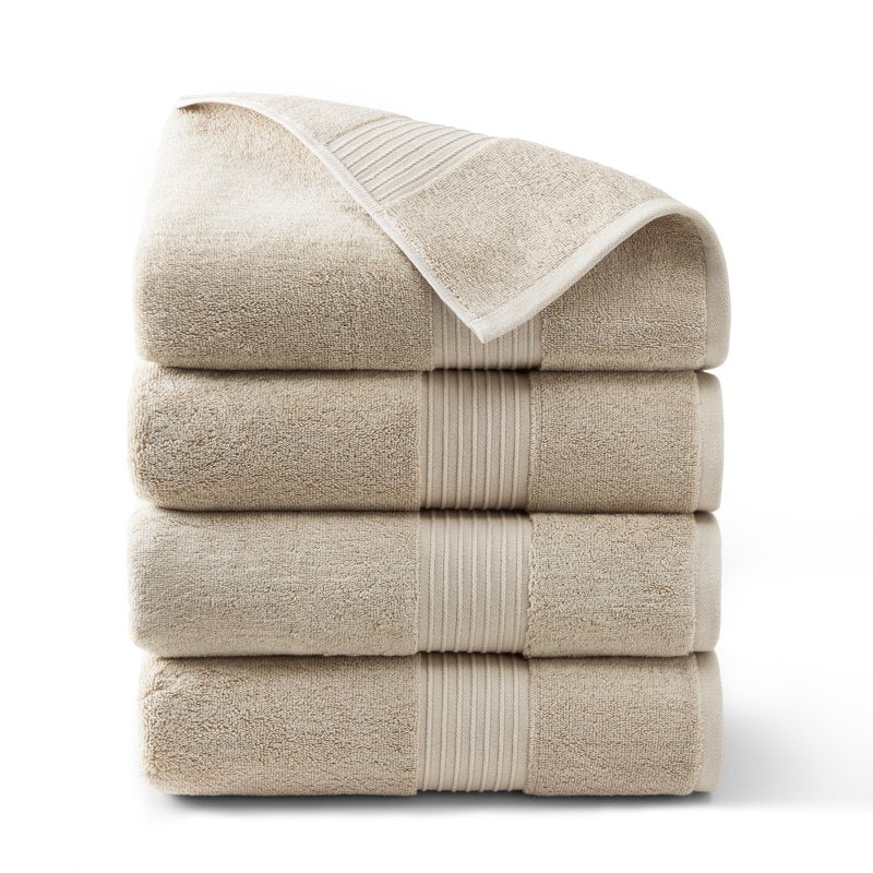 Beige Bath Towel Set - 4-Piece Solid Dobby Border 30x58 Inches, 100% Cotton