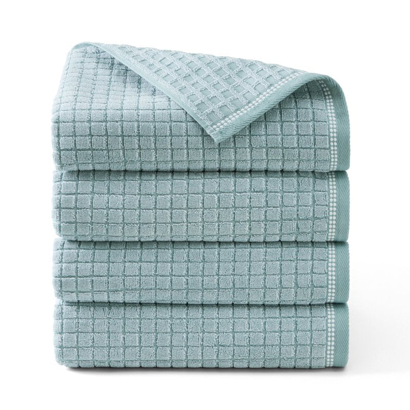 Bath Towel Set - 4-Piece Textured Windowpane Cotton Towels 30x58 Aqua Blue