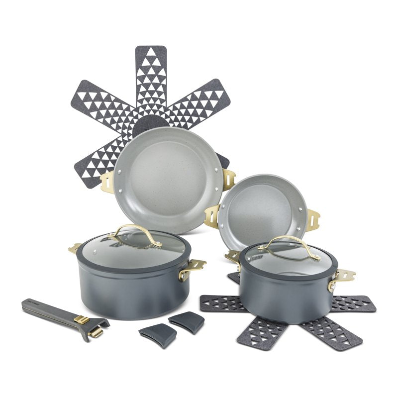 11-Piece Non-Stick Ceramic Cookware Set with Detachable Handle - Gray