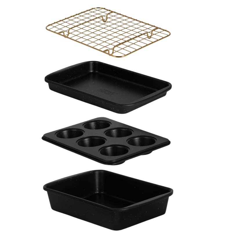 4-Piece Non-Stick Toaster Oven Bakeware Set - Black & Gold