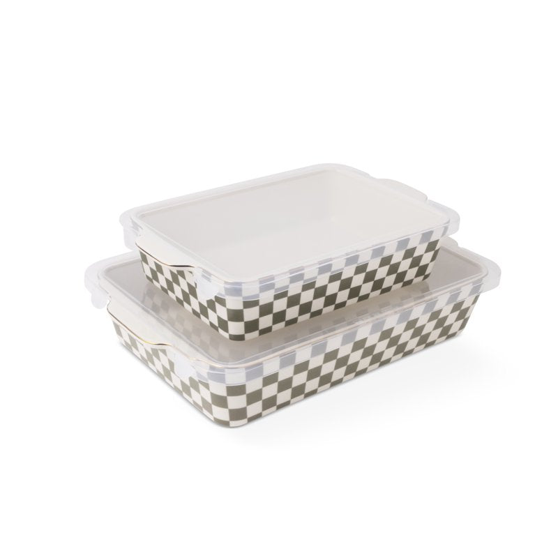 Moss Green 4-Piece Checkered Ceramic Casserole Dish Set with Lids