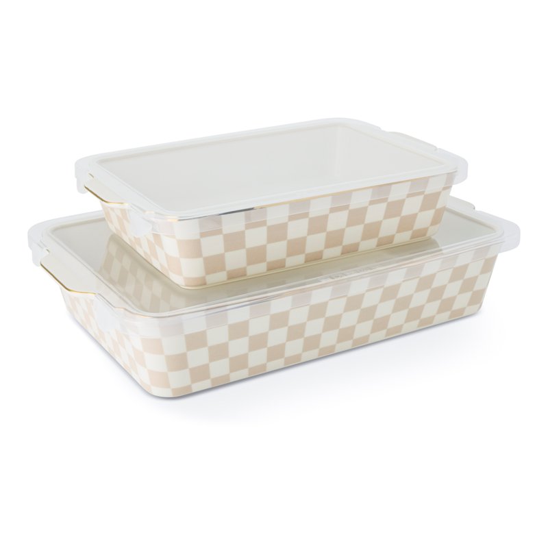 Checkered Ceramic Casserole Dish Set with Lids - Tan - 4-Piece