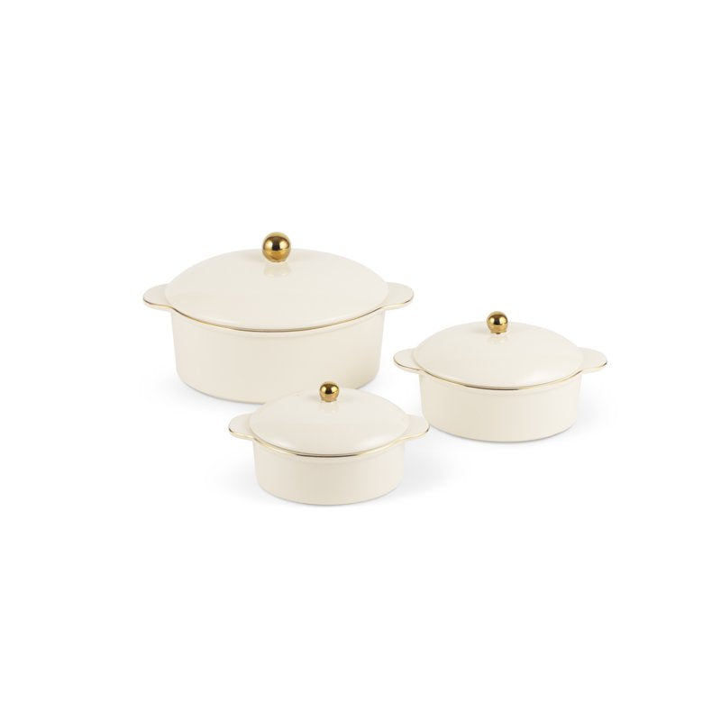 Ceramic Casserole Set - 3-Piece in Cream with Gold Accents