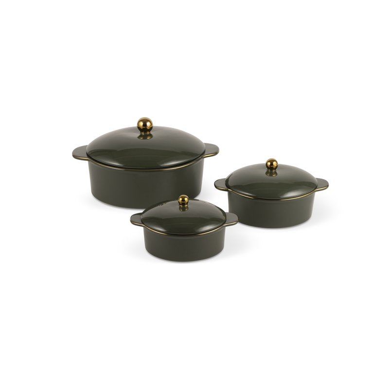 Moss Green Ceramic Casserole Set - 3-Piece with Gold Knobs