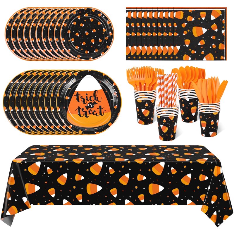 Halloween Candy Corn Disposable Tableware Set for 24 Guests - Plates Cups Napkins & Cutlery
