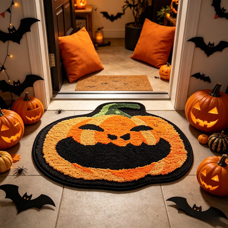 Pumpkin Bath Mat - Cute Orange Shaggy Rug with Non-Slip Back - Variation D