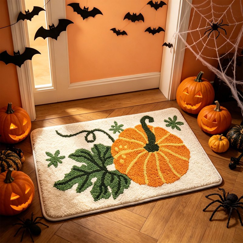 Halloween Pumpkin Bath Mat - Cute Plush Shaggy Rug for Bathroom & Kitchen - Variation C