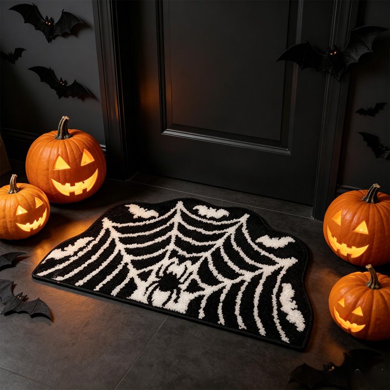 Halloween Spider Web Bath Mat - Black Gothic Bathroom Rug, 15x23 Inches - Variation B
