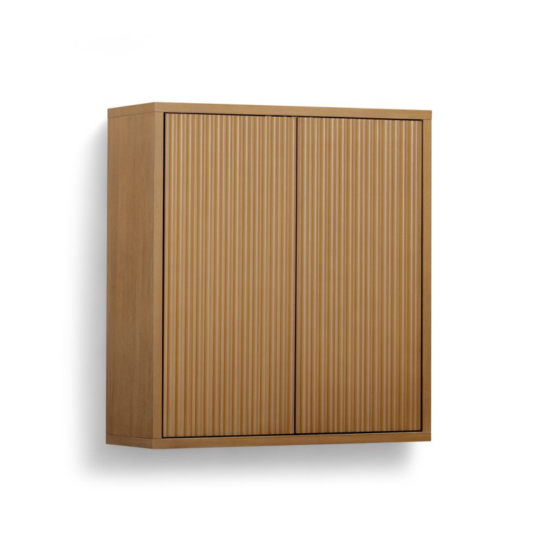 Natural Wall-Mounted Storage Cabinet with Push-Open Doors - Solid Wood & Fluted Fronts
