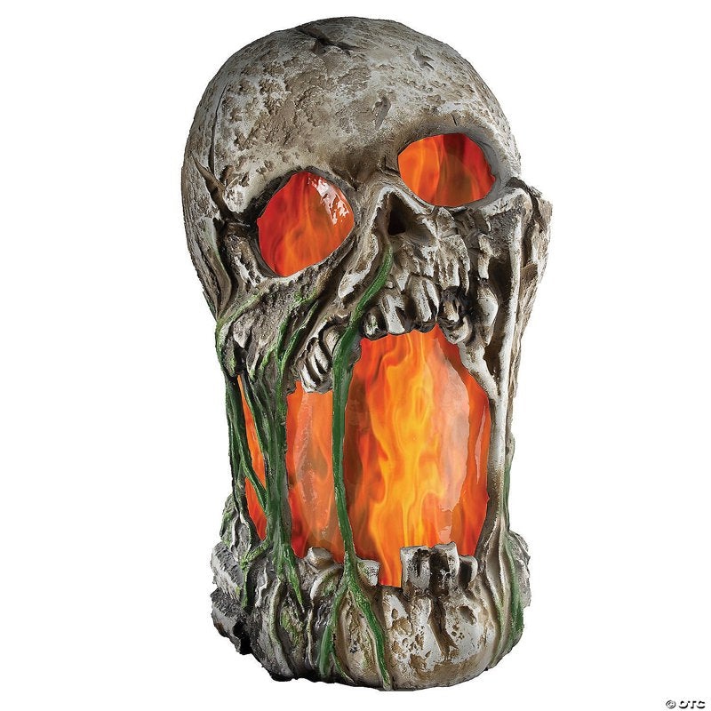 12-Inch Light-Up Animated Skull Halloween Decoration with Flames