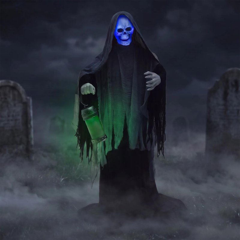Animated Ghost Reaper Halloween Decoration - 5.5 ft Spooky Spirit with Lighted Face