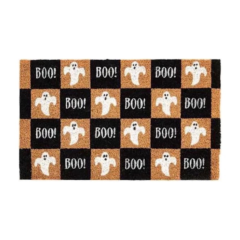 Halloween Ghost Doormat B - Black and Orange Checkered Front Door Rug, Non Slip Cute Spooky Decor