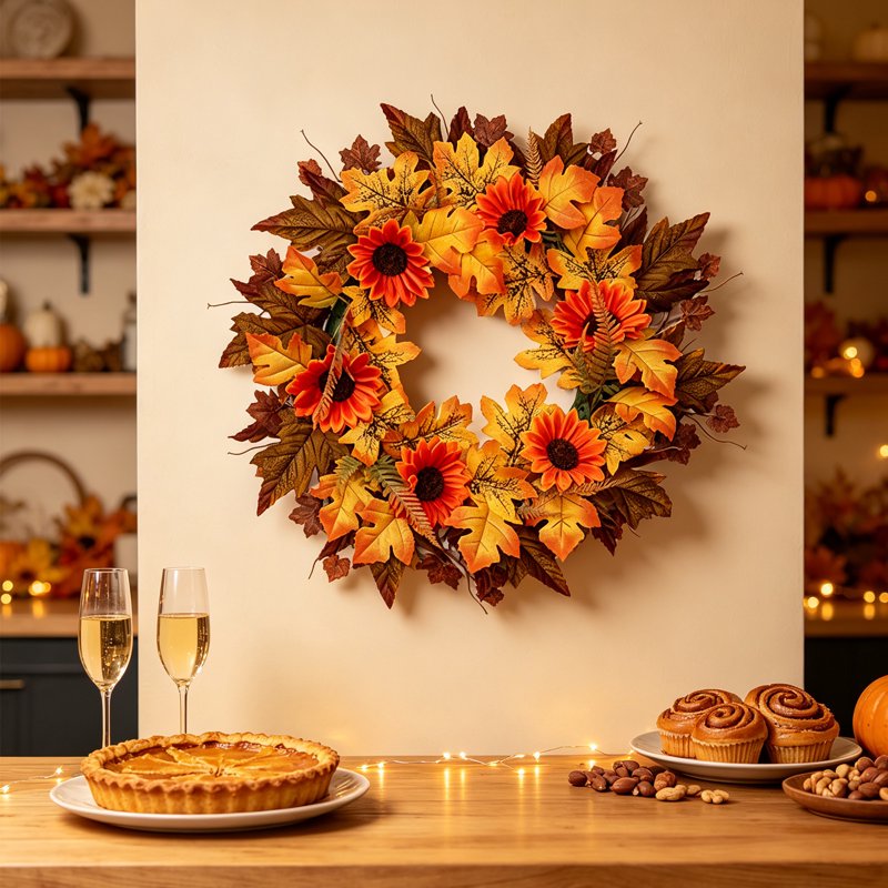 Fall Wreath with Sunflower, Rose, Pumpkin & Maple Leaves for Door & Fireplace Decor
