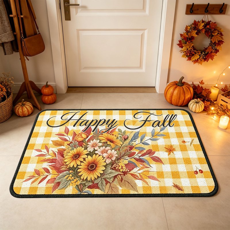 Thanksgiving Doormat with Fall Flowers Non-Slip Indoor Outdoor Decoration - U
